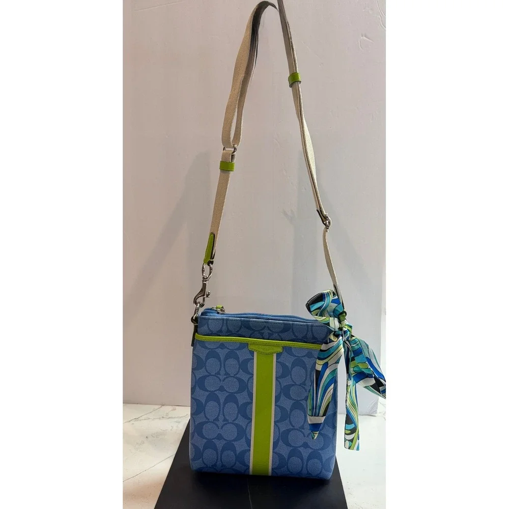 Coach Signature Blue Monogram Crossbody Bag Lime Green Stripe
